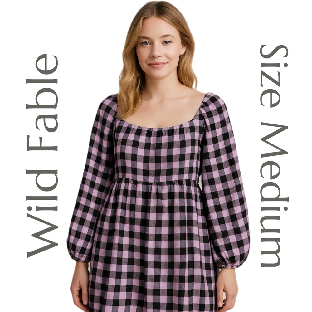 Wild Fable - Gingham Puff-Sleeve Peasant Mini Dress - Size Medium‎